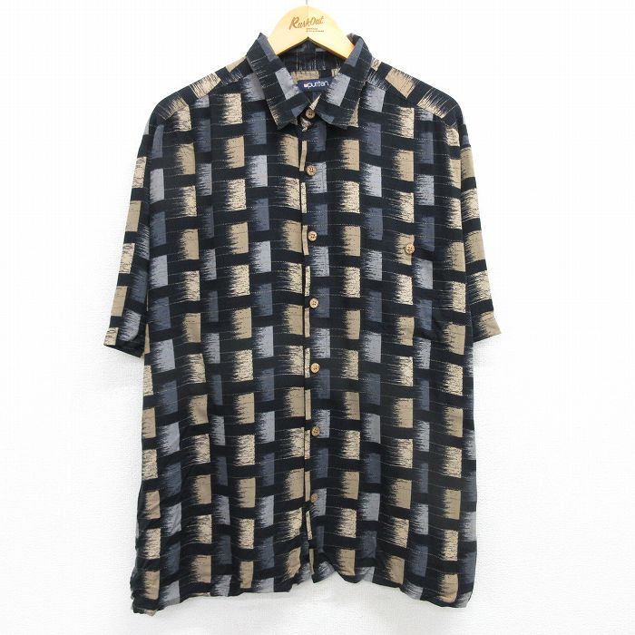 XL★古着 ピューリタン 半袖 ハワイアン シャツ メンズ 00年代 00s パイナップル 大きいサイズ レーヨン 黒 ブラック 25may23 中古 アロハ トップス
