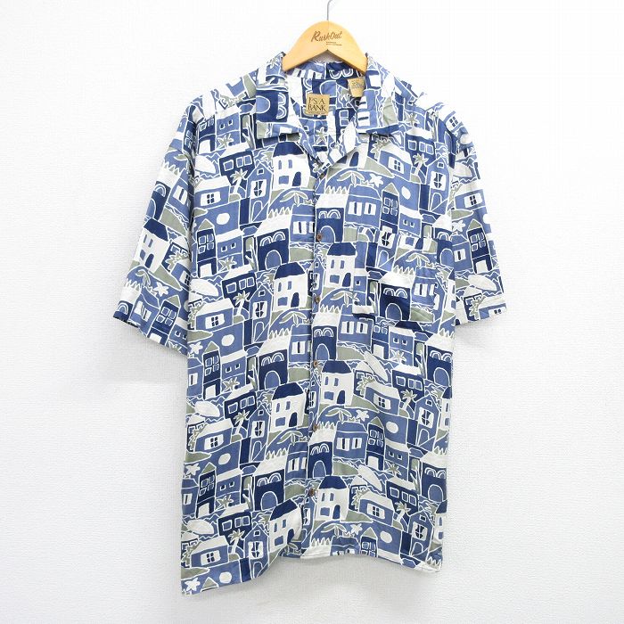 XL★古着 JOS A BANK 半袖 ハワイアン シャツ メンズ シルク 開襟 オープンカラー 紺 ネイビー 25may23 中古 アロハ トップス
