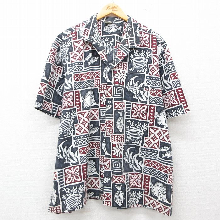 XL★古着 半袖 ハワイアン シャツ メンズ 90年代 90s 魚 大きいサイズ 開襟 オープンカラー ハワイ製 黒他 ブラック 25jun05 中古 アロハ トップス
