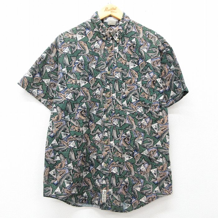 L★古着 コロンビア COLUMBIA 半袖 ハワイアン シャツ メンズ 90年代 90s 魚 ルアー ボタンダウン 緑他 グリーン 【spe】 25jun05 中古 アロハ トップス