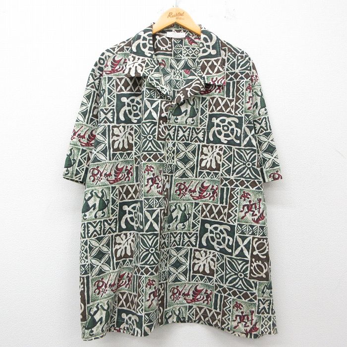 XL★古着 半袖 ハワイアン シャツ メンズ 90年代 90s 大きいサイズ ロング丈 開襟 オープンカラー ハワイ製 緑他 グリーン 25jun05 中古 アロハ トップス