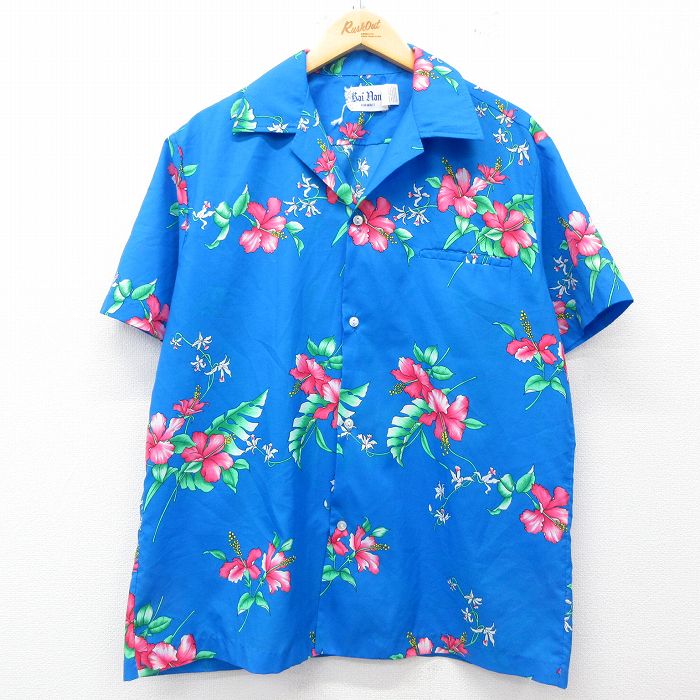 XL★古着 半袖 ハワイアン シャツ メンズ 80年代 80s ハイビスカス 開襟 オープンカラー 青 ブルー 25jun05 中古 アロハ トップス