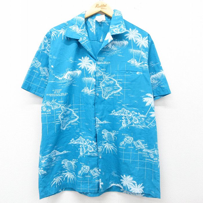 XL★古着 半袖 ハワイアン シャツ メンズ 90年代 90s ヤシの木 ハワイ製 水色 25jun05 中古 アロハ トップス