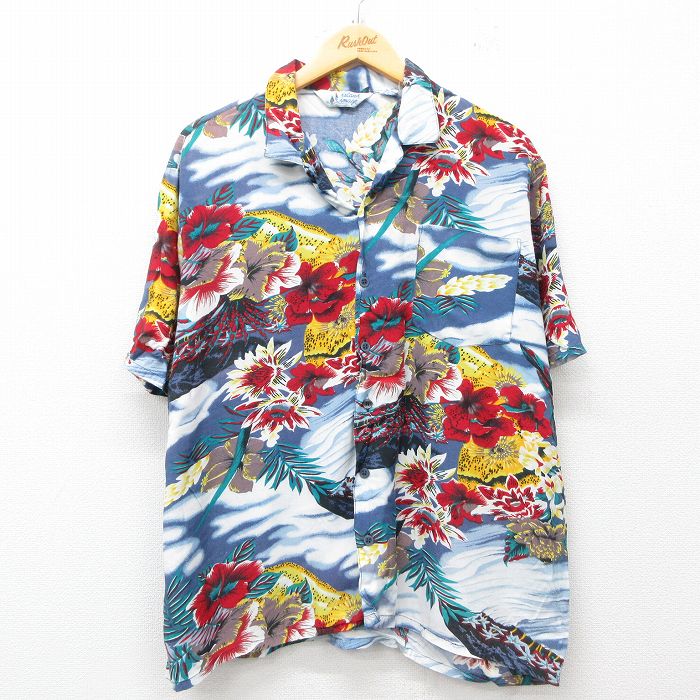 【50%OFF】XL★古着 半袖 ハワイアン シャツ メンズ 00年代 00s ハイビスカス レーヨン 開襟 オープンカラー 薄紺他 ネイビー 25jun05 中古 アロハ トップス
