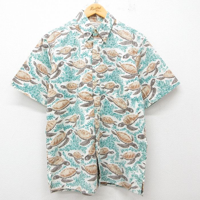 L★古着 レインスプーナー REYN SPOONER 半袖 ハワイアン シャツ メンズ 90年代 90s カメ ボタンダウン ベージュ カーキ 【spe】 25jun05 中古 アロハ トップス