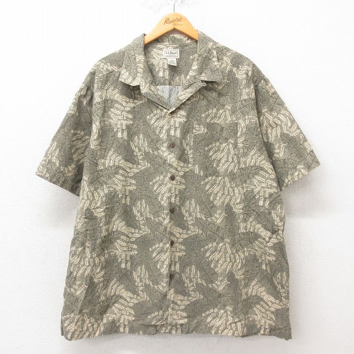XL★古着 エルエルビーン LLBEAN 半袖 ハワイアン シャツ メンズ 00年代 00s 葉 大きいサイズ コットン 開襟 オープンカラー 緑 グリーン 【spe】 25jun09 中古 アロハ トップス