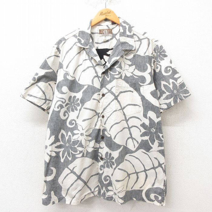 XL★古着 半袖 ハワイアン シャツ メンズ 90年代 90s 花柄 コットン 開襟 オープンカラー ハワイ製 黒 ブラック 25jun09 中古 アロハ トップス
