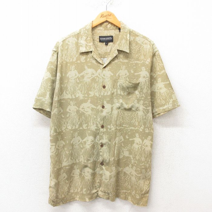 L★古着 オーシャンパシフィック OP 半袖 ハワイアン シャツ メンズ フラガール レーヨン 開襟 オープンカラー 緑 グリーン 25jun09 中古 アロハ トップス