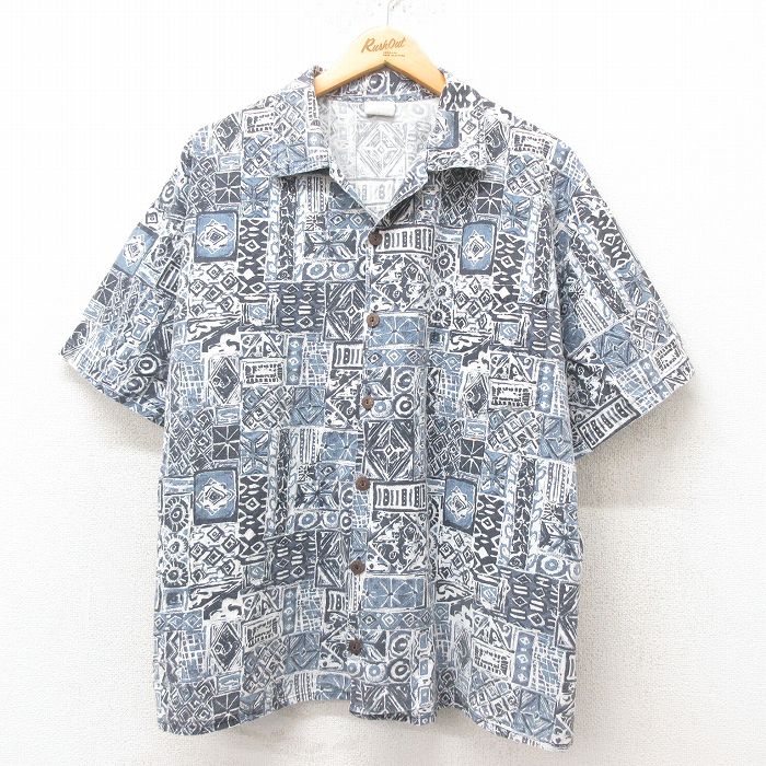 XL★古着 半袖 ハワイアン シャツ メンズ 90年代 90s コットン 開襟 オープンカラー USA製 薄紺 ネイビー 25jun09 中古 アロハ トップス