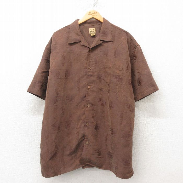 XL★古着 JOS A BANK 半袖 ハワイアン シャツ メンズ ヤシの木 葉 レーヨン 開襟 オープンカラー こげ茶 ブラウン 25jun09 中古 アロハ トップス