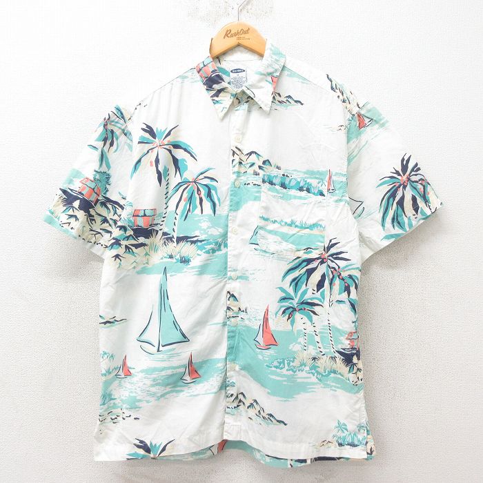 L★古着 オールドネイビー OLD NAVY 半袖 ハワイアン シャツ メンズ 00年代 00s ヨット ヤシの木 コットン 白 ホワイト 25jun09 中古 アロハ トップス