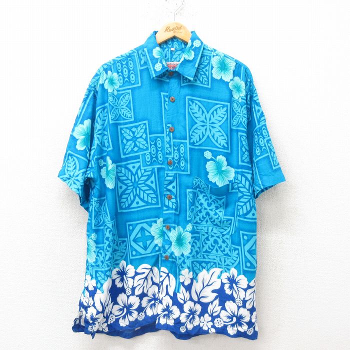 L★古着 半袖 ハワイアン シャツ メンズ ハイビスカス レーヨン 青 ブルー 25jun09 中古 アロハ トップス