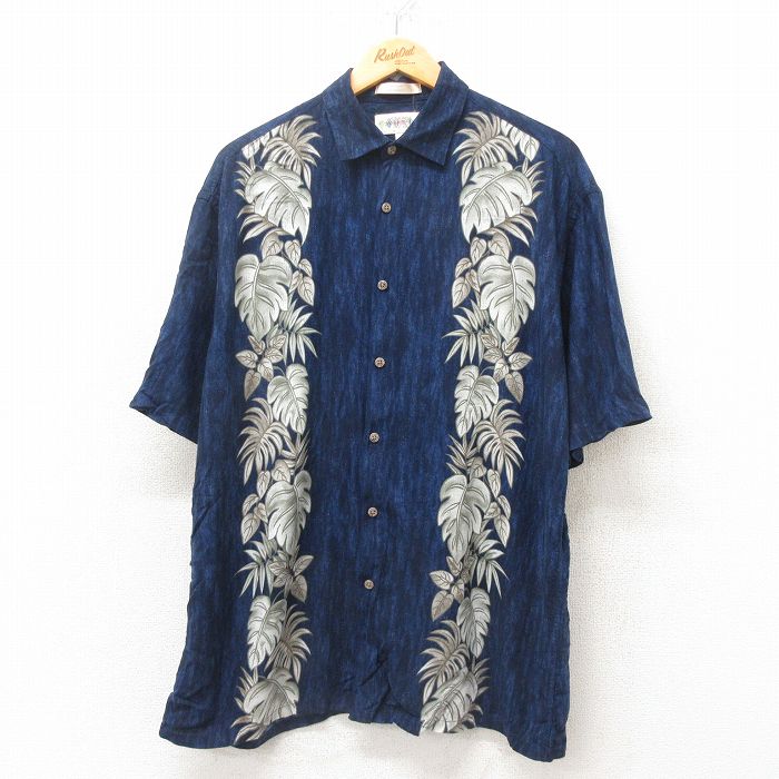 XL★古着 半袖 ハワイアン シャツ メンズ 00年代 00s 葉 レーヨン 紺 ネイビー 25jun09 中古 アロハ トップス