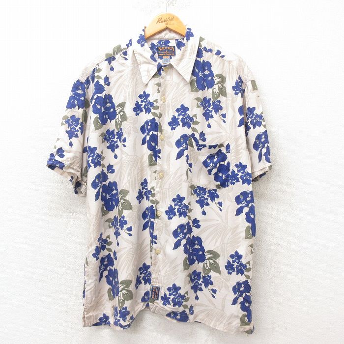 XL★古着 ノーティカ NAUTICA 半袖 ブランド ハワイアン シャツ メンズ 花柄 レーヨン 薄ベージュ カーキ 25jun09 中古 アロハ トップス