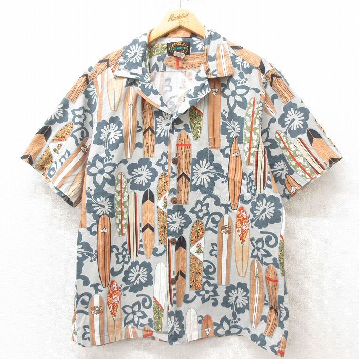 XL★古着 半袖 ハワイアン シャツ メンズ 90年代 90s ハイビスカス サーフボード 開襟 オープンカラー ハワイ製 薄紺 ネイビー 25jun09 中古 アロハ トップス