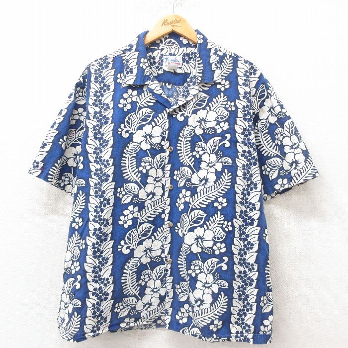XL★古着 半袖 ハワイアン シャツ メンズ 90年代 90s ハイビスカス 開襟 オープンカラー ハワイ製 青 ブルー 25jun09 中古 アロハ トップス