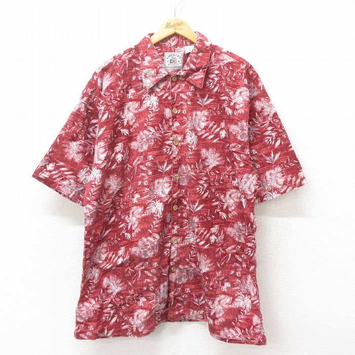 XL★古着 半袖 ハワイアン シャツ メンズ 葉 コットン エンジ 25jun09 中古 アロハ トップス