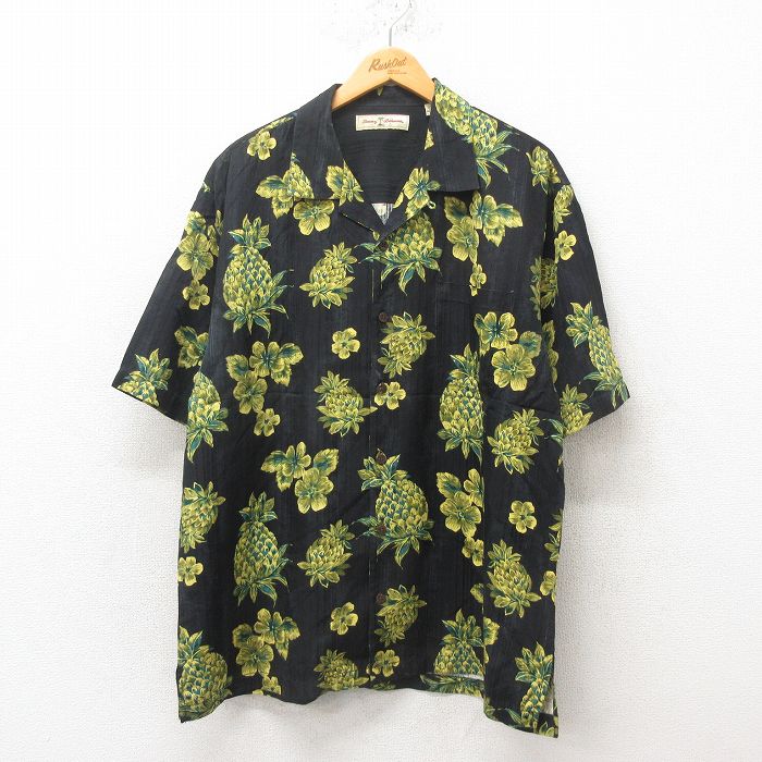 XL★古着 半袖 ハワイアン シャツ メンズ パイナップル シルク 開襟 オープンカラー 黒 ブラック 25jun09 中古 アロハ トップス