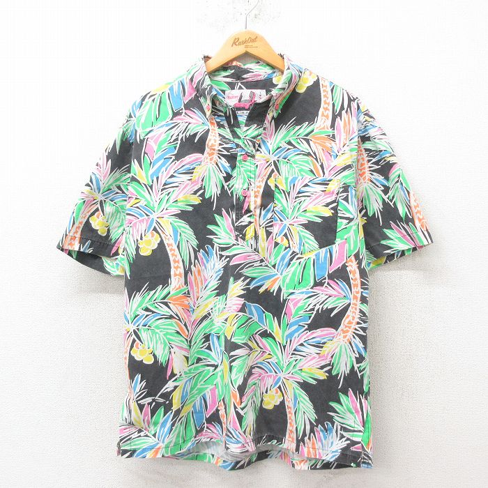 L★古着 半袖 ハワイアン トップス メンズ 90年代 90s ヤシの木 ボタンダウン USA製 黒 ブラック 25jun09 中古 アロハ