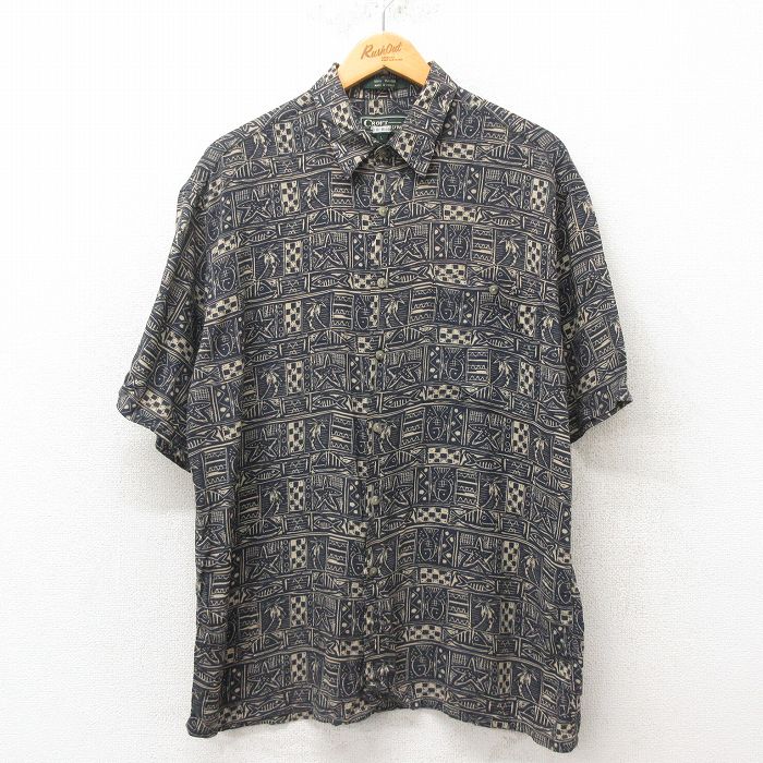 L★古着 半袖 ハワイアン シャツ メンズ 魚 ヤシの木 レーヨン 黒 ブラック 25jun09 中古 アロハ トップス