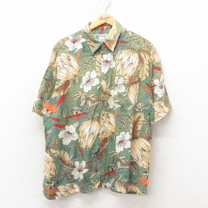 L★古着 半袖 ハワイアン シャツ メンズ 00年代 00s 花柄 レーヨン 緑 グリーン 25jun09 中古 アロハ トップス
