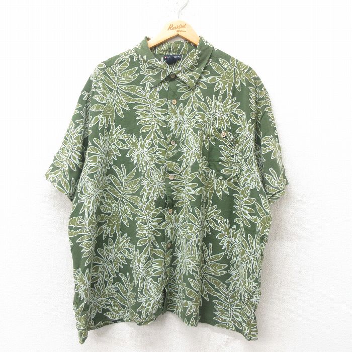 XL★古着 半袖 ハワイアン シャツ メンズ 葉 大きいサイズ レーヨン 緑 グリーン 25jun09 中古 アロハ トップス