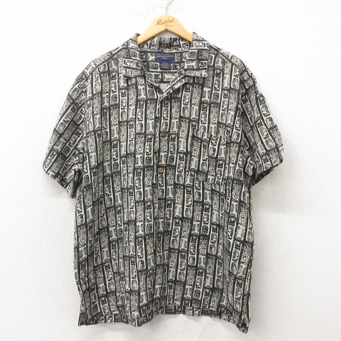 XL★古着 半袖 ハワイアン シャツ メンズ リネン 開襟 オープンカラー 薄ベージュ カーキ 25jun09 中古 アロハ トップス