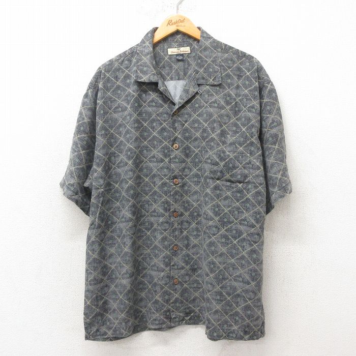 XL★古着 半袖 ハワイアン シャツ メンズ シルク 開襟 オープンカラー グレー 25jun09 中古 アロハ トップス