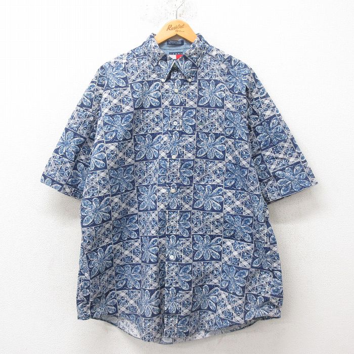 XL★古着 トミーヒルフィガー TOMMY HILFIGER 半袖 ブランド ハワイアン シャツ メンズ 90年代 90s 花柄 大きいサイズ コットン ボタンダウン 紺 ネイビー 25jun09 中古 アロハ トップス
