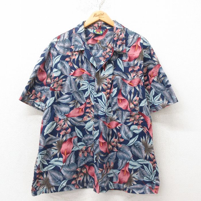 XL★古着 半袖 ハワイアン シャツ メンズ 90年代 90s 花柄 大きいサイズ コットン 開襟 オープンカラー 紺 ネイビー 25jun09 中古 アロハ トップス