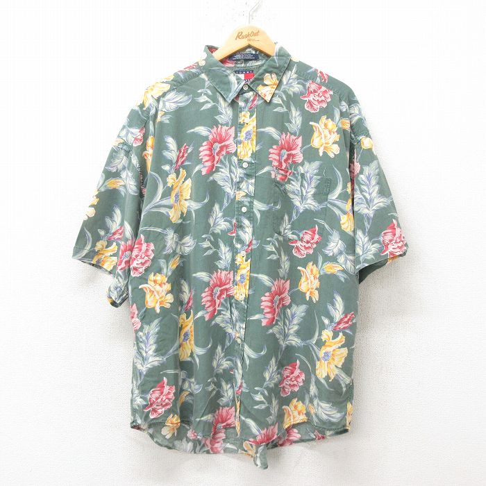 XL★古着 トミーヒルフィガー TOMMY HILFIGER 半袖 ブランド ハワイアン シャツ メンズ 90年代 90s 花柄 大きいサイズ レーヨン 緑 グリーン 【spe】 25jun09 中古 アロハ トップス