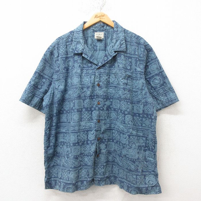 XL★古着 エルエルビーン LLBEAN 半袖 ハワイアン シャツ メンズ 00年代 00s 花柄 ペイズリー柄 大きいサイズ コットン 開襟 オープンカラー 紺 ネイビー 25jun09 中古 アロハ トップス