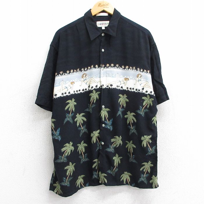 XL★古着 半袖 ハワイアン シャツ メンズ 00年代 00s ヤシの木 女性 レーヨン 黒他 ブラック 25jun09 中古 アロハ トップス