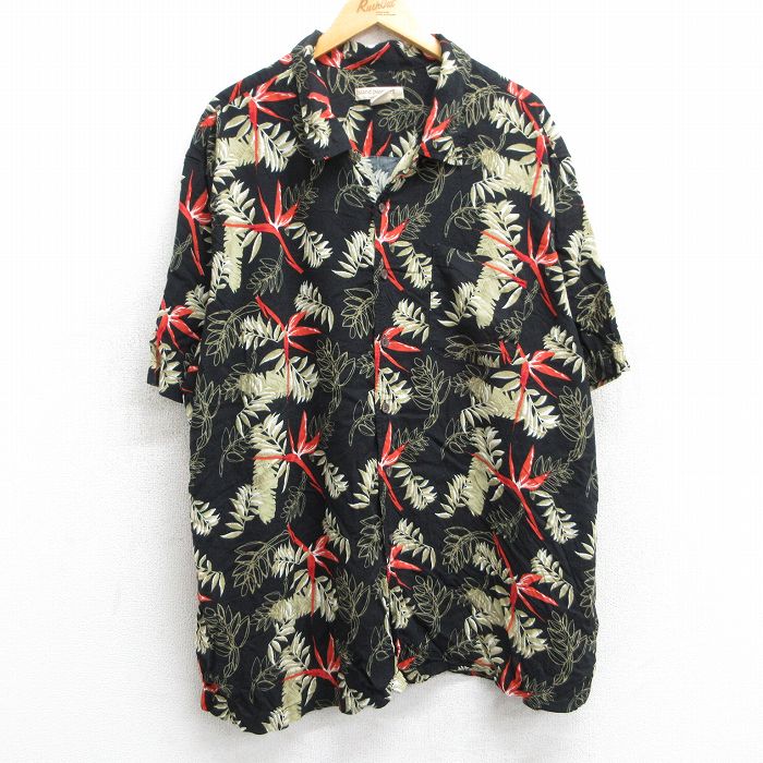 XL★古着 半袖 ハワイアン シャツ メンズ 葉 総柄 レーヨン 開襟 オープンカラー 黒他 ブラック 25jun09 中古 アロハ トップス
