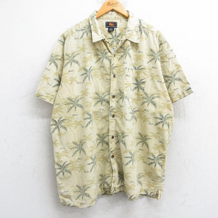 XL★古着 ルート66 半袖 ハワイアン シャツ メンズ 00年代 00s ヤシの木 総柄 大きいサイズ コットン 開襟 オープンカラー ベージュ他 カーキ 25jun09 中古 アロハ トップス
