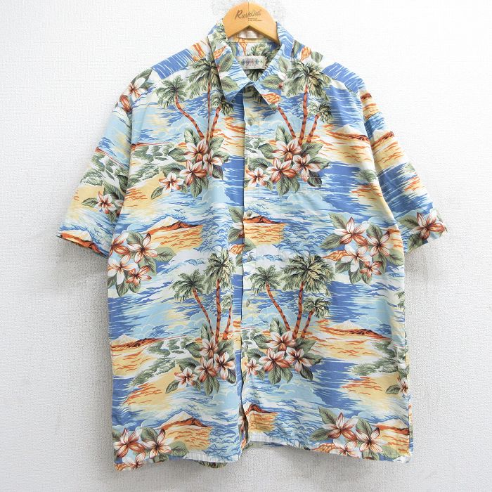 【50%OFF】XL★古着 半袖 ハワイアン シャツ メンズ 00年代 00s 花 ヤシの木 総柄 大きいサイズ kととん 水色他 25jun09 中古 アロハ トップス