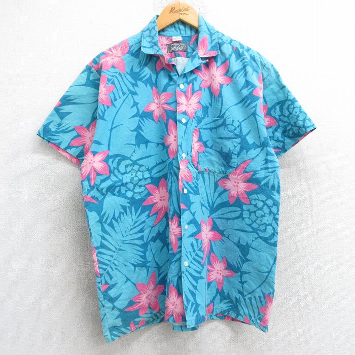 L★古着 半袖 ハワイアン シャツ メンズ 90年代 90s 花 総柄 コットン 開襟 オープンカラー USA製 水色他 25jun09 中古 アロハ トップス