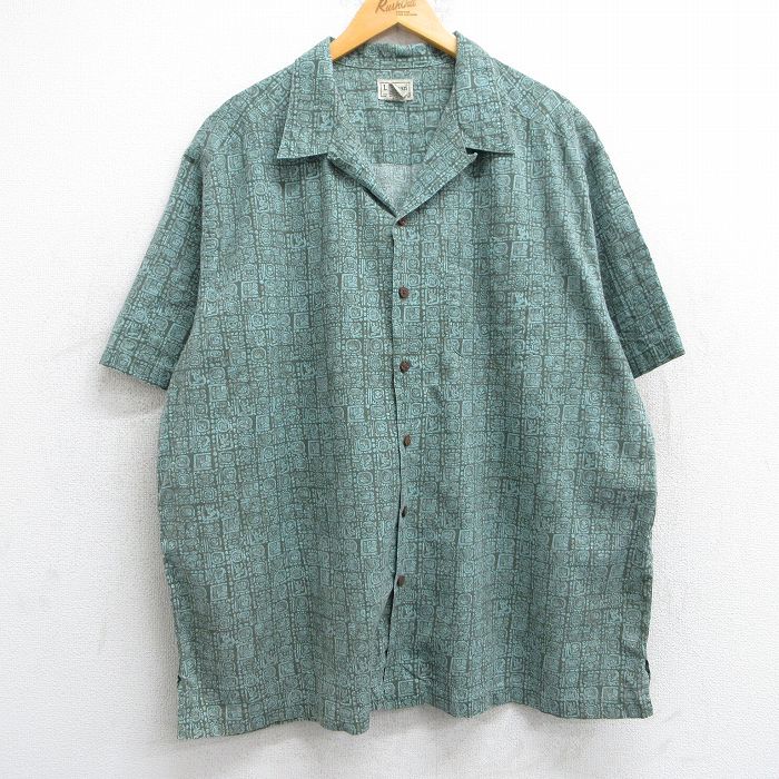 XL★古着 エルエルビーン LLBEAN 半袖 ハワイアン シャツ メンズ 00年代 00s 総柄 大きいサイズ コットン 開襟 オープンカラー 濃緑他 グリーン 【spe】 25jun09 中古 アロハ トップス
