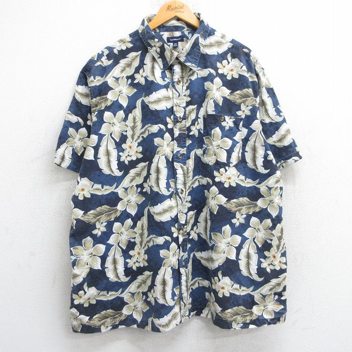 XL★古着 半袖 ハワイアン シャツ メンズ ハイビスカス 総柄 大きいサイズ コットン 紺他 ネイビー 25jun09 中古 アロハ トップス