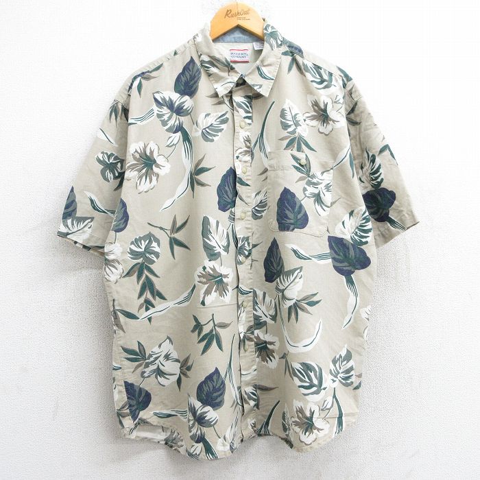 XL★古着 ビューグルボーイ 半袖 ハワイアン シャツ メンズ 90年代 90s ハイビスカス 葉 総柄 大きいサイズ ベージュ他 カーキ 25jun09 中古 アロハ トップス