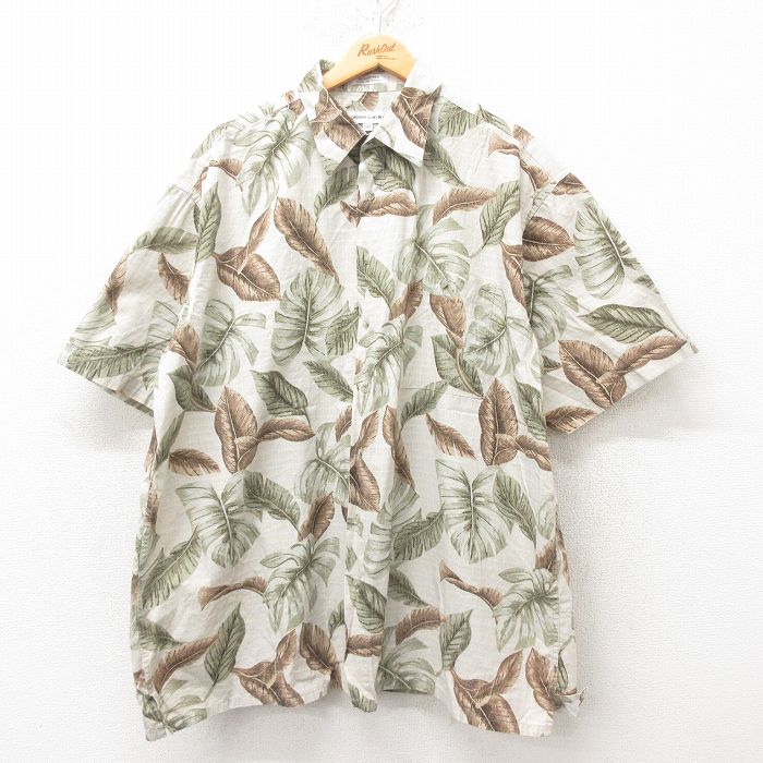【50%OFF】XL★古着 ピエールカルダン pierre cardin 半袖 ブランド ハワイアン シャツ メンズ 90年代 90s 葉 大きいサイズ コットン 薄ベージュ カーキ 25jun10 中古 アロハ トップス