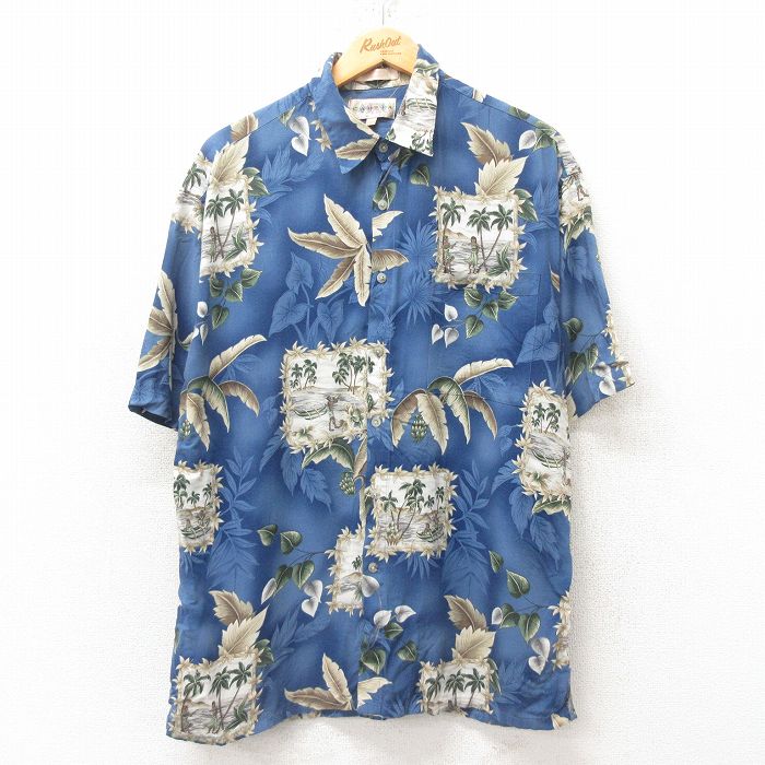 L★古着 半袖 ハワイアン シャツ メンズ 00年代 00s 葉 フラガール レーヨン 紺 ネイビー 25jun10 中古 アロハ トップス