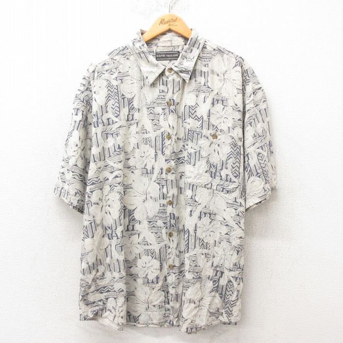 XL★古着 半袖 ハワイアン シャツ メンズ 90年代 90s 花柄 大きいサイズ シルク 薄ベージュ カーキ 25jun10 中古 アロハ トップス