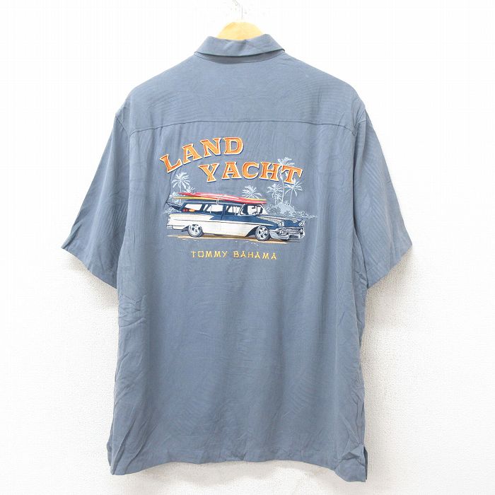 L★古着 半袖 ハワイアン シャツ メンズ 車 刺繍 シルク グレー 【spe】 25jun10 中古 アロハ トップス