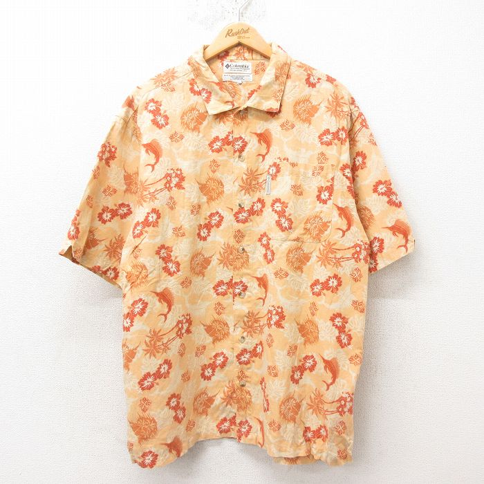 【50%OFF】XL★古着 コロンビア COLUMBIA 半袖 ハワイアン シャツ メンズ 00年代 00s カジキ ヤシの木 リネン オレンジ 25jun10 中古 アロハ トップス