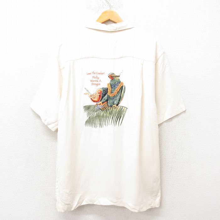 L★古着 半袖 ハワイアン シャツ メンズ 鳥 刺繍 シルク 開襟 オープンカラー 生成り 25jun10 中古 アロハ トップス