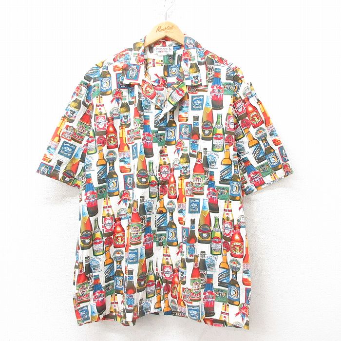 XL★古着 半袖 ハワイアン シャツ メンズ 90年代 90s ビール コットン 開襟 オープンカラー ハワイ製 白 ホワイト 25jun10 中古 アロハ トップス