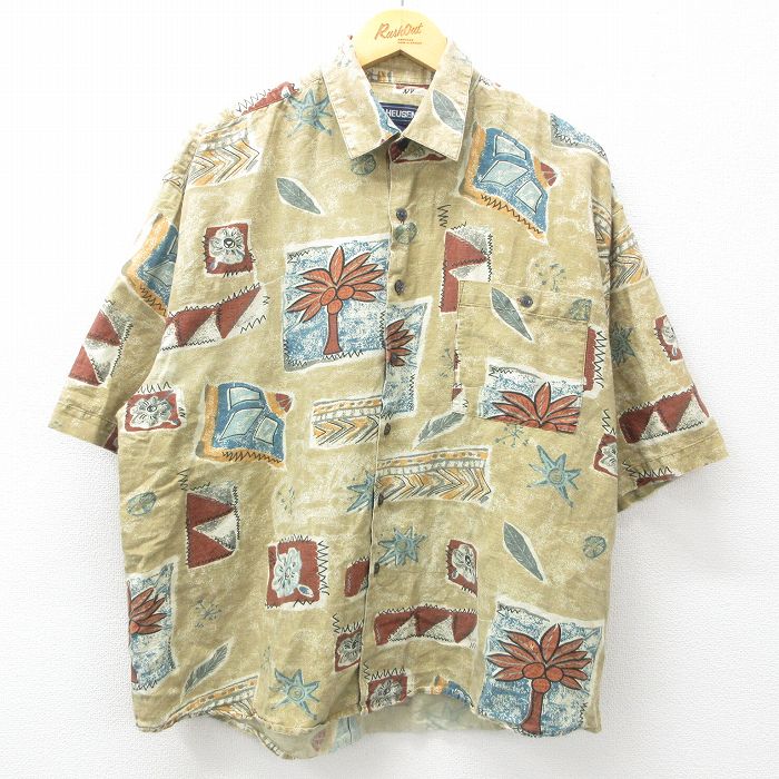 【50%OFF】XL★古着 バンヒューセン 半袖 ハワイアン シャツ メンズ 90年代 90s ヤシの木 花 総柄 リネン ベージュ カーキ 25jun10 中古 アロハ トップス