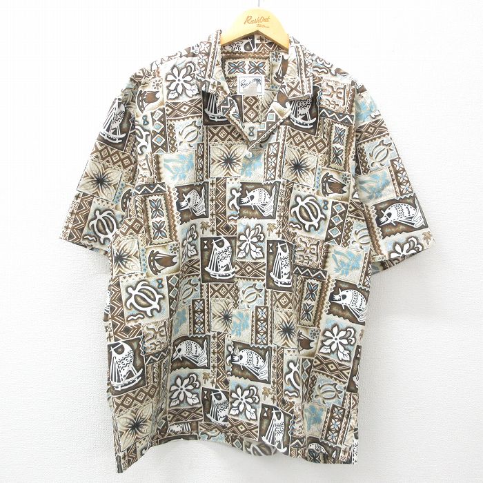 XL★古着 半袖 ハワイアン シャツ メンズ 90年代 90s カメ 船 花 総柄 大きいサイズ 開襟 オープンカラー ハワイ製 茶他 ブラウン 25jun10 中古 アロハ トップス