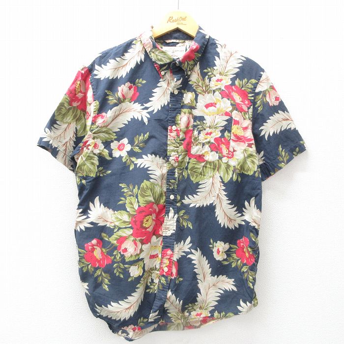 L★古着 ラルフローレン Ralph Lauren デニムアンドサプライ 半袖 ブランド ハワイアン シャツ メンズ 花 総柄 コットン ボタンダウン 紺 ネイビー 25jun10 中古 アロハ トップス